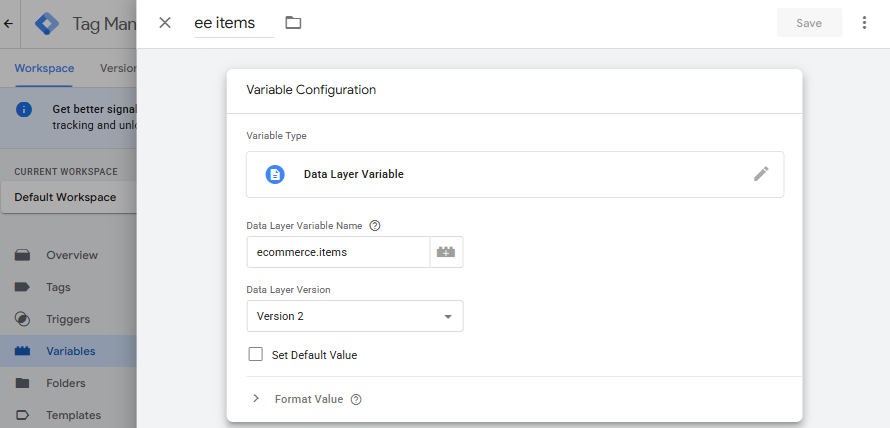 GTM ee items variable