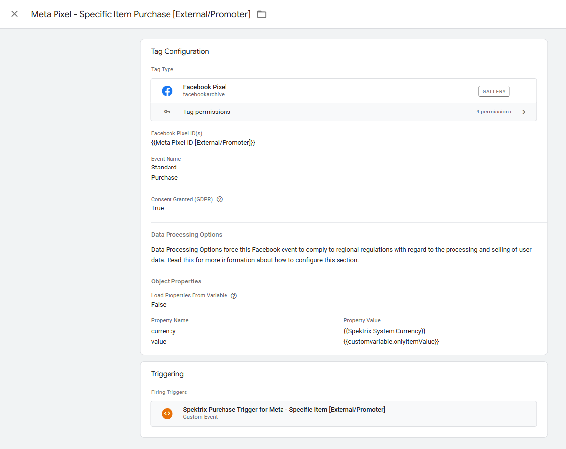 GTM meta pixel purchase item tag