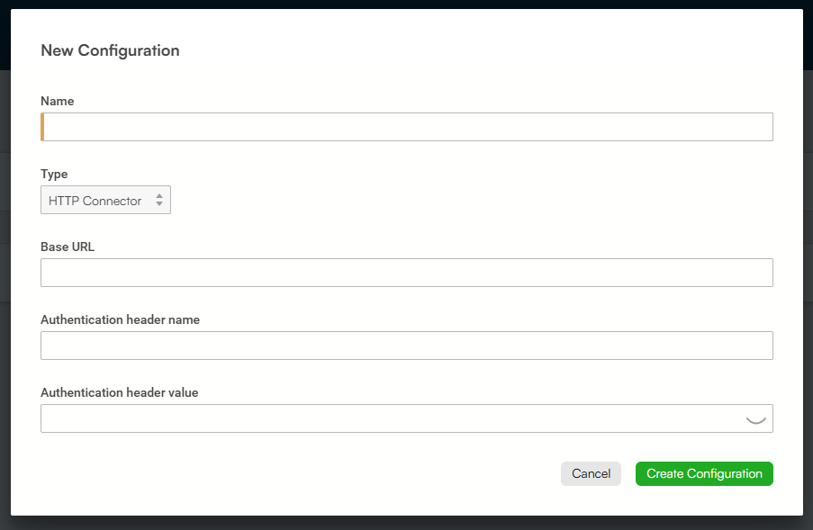 New Configuration dialog in Spektrix Settings, with the HTTP Connector type selected